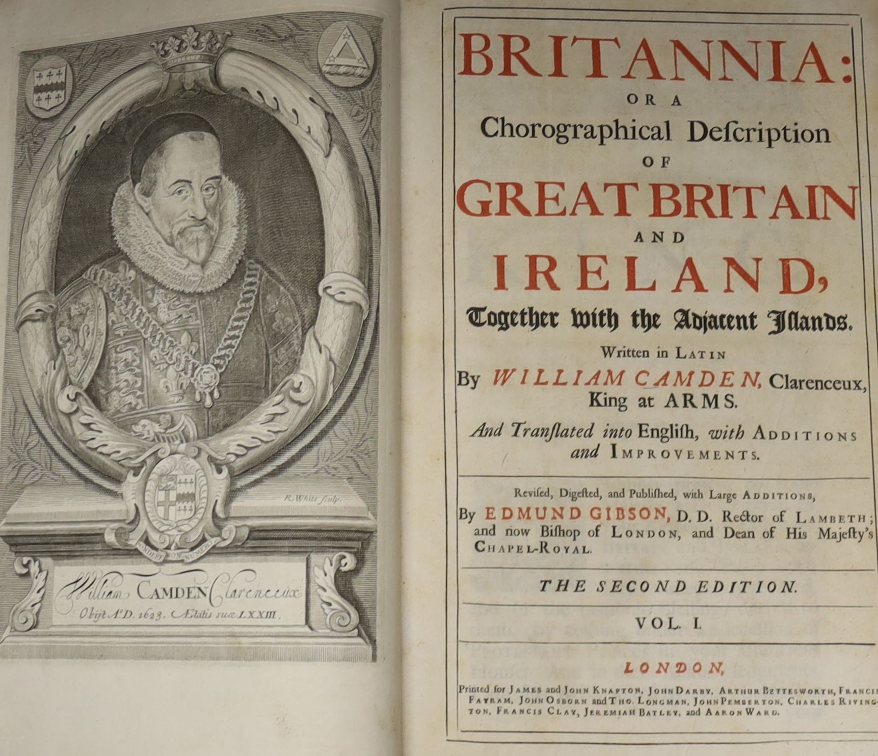 Camden, William. Britannia: or a Chorographical Description of Great Britain and Ireland....revised.... with large additions, by Edmund Gibson vol 1 (only, of 2), engraved portrait, plates and text illus. (without the Ro